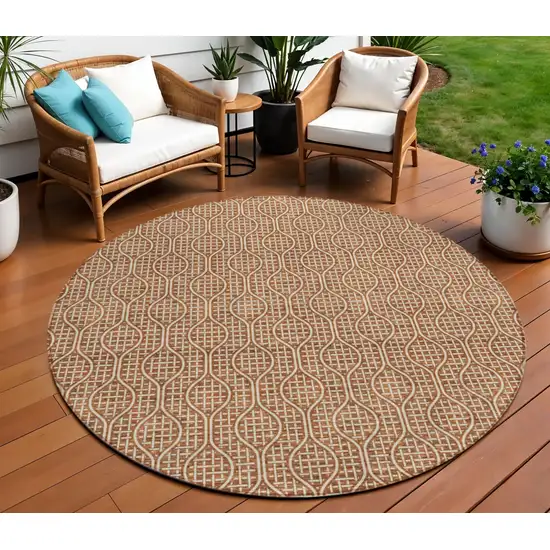 8' Brown And Beige Round Geometric Washable Indoor Outdoor Area Rug Photo 1