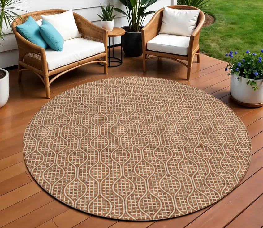 8' Brown And Beige Round Geometric Washable Indoor Outdoor Area Rug Photo 1