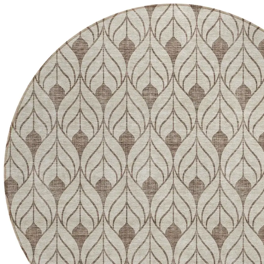 8' Brown And Beige Round Geometric Washable Indoor Outdoor Area Rug Photo 4