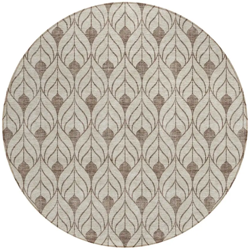 8' Brown And Beige Round Geometric Washable Indoor Outdoor Area Rug Photo 5