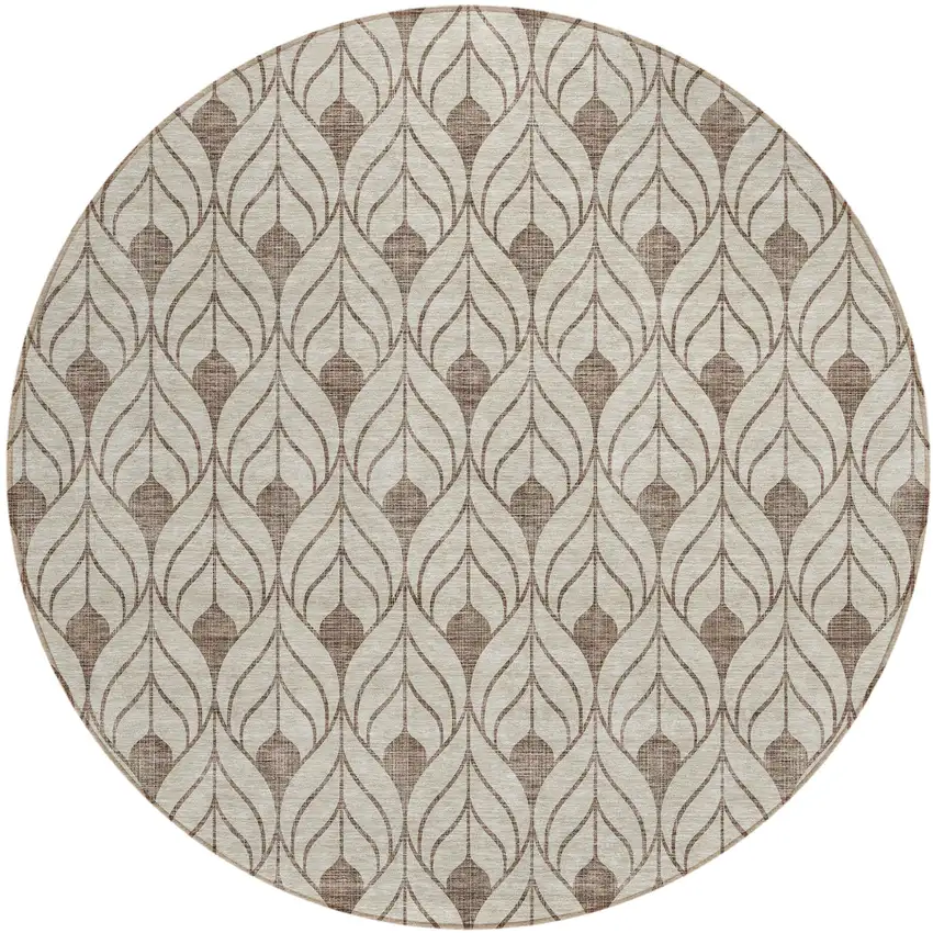 8' Brown And Beige Round Geometric Washable Indoor Outdoor Area Rug Photo 2