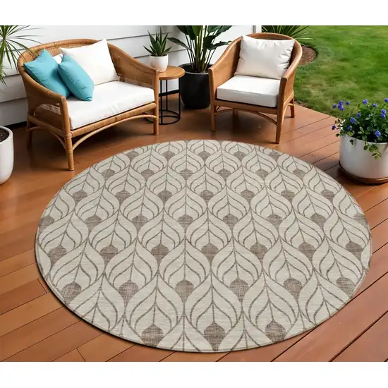 8' Brown And Beige Round Geometric Washable Indoor Outdoor Area Rug Photo 1