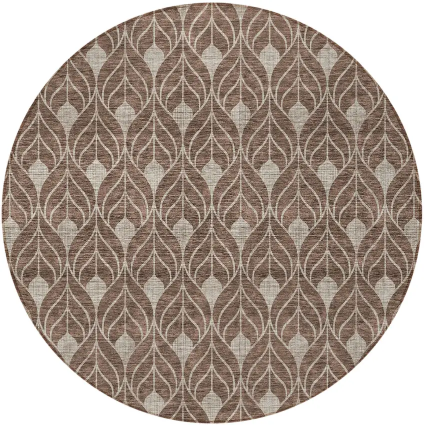 8' Brown And Beige Round Geometric Washable Indoor Outdoor Area Rug Photo 5