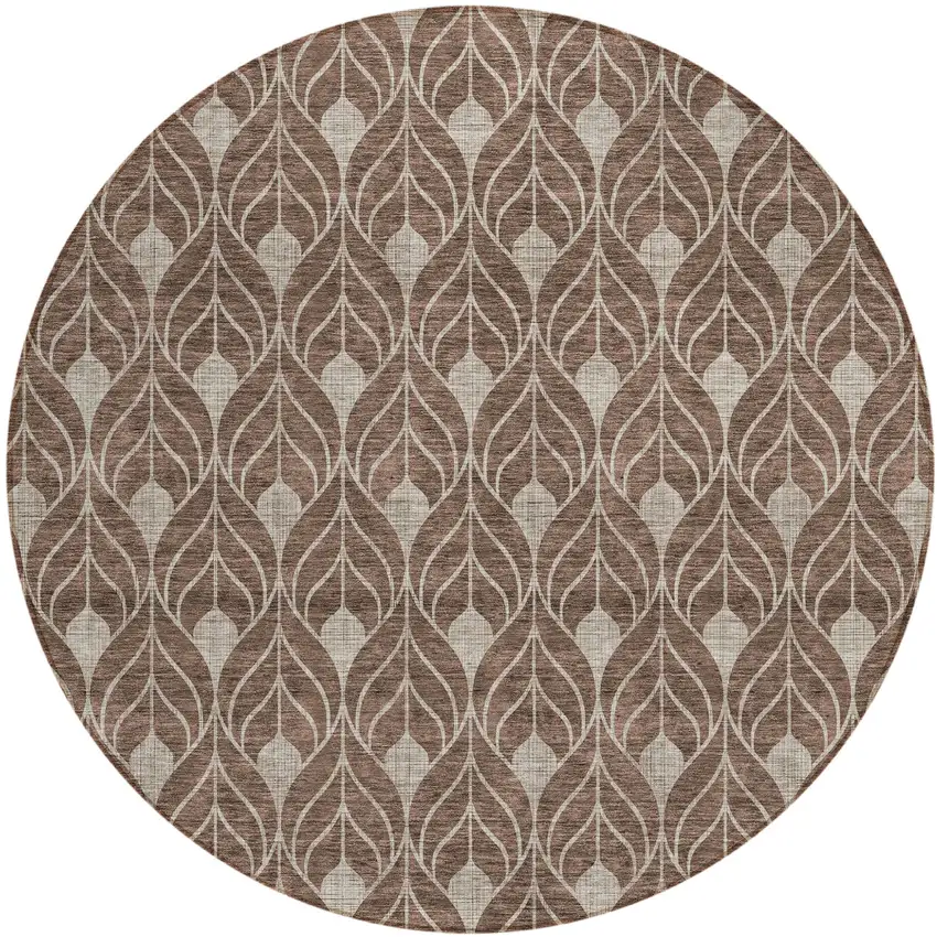 8' Brown And Beige Round Geometric Washable Indoor Outdoor Area Rug Photo 2