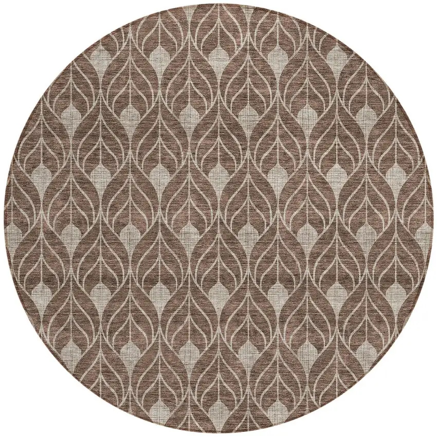 8' Brown And Beige Round Geometric Washable Indoor Outdoor Area Rug Photo 4