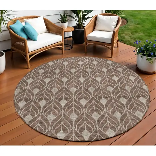 8' Brown And Beige Round Geometric Washable Indoor Outdoor Area Rug Photo 1