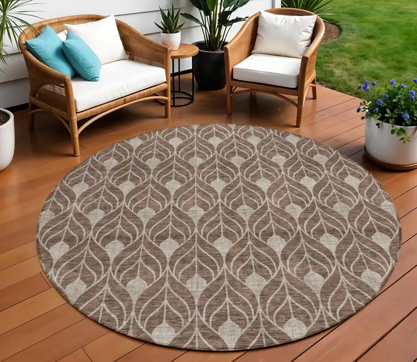 8' Brown And Beige Round Geometric Washable Indoor Outdoor Area Rug Photo 1