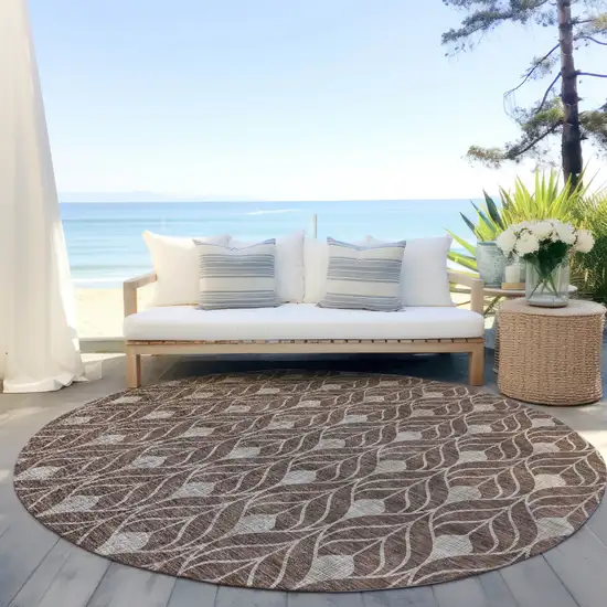 8' Brown And Beige Round Geometric Washable Indoor Outdoor Area Rug Photo 6