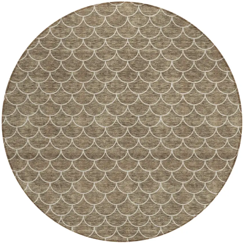 8' Brown And Beige Round Geometric Washable Indoor Outdoor Area Rug Photo 2