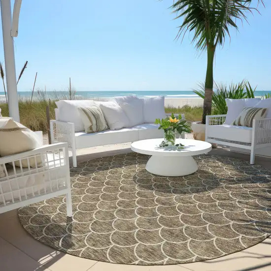 8' Brown And Beige Round Geometric Washable Indoor Outdoor Area Rug Photo 7