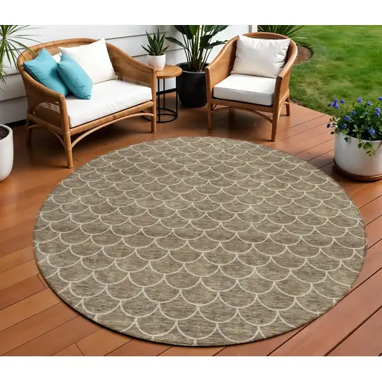 8' Brown And Beige Round Geometric Washable Indoor Outdoor Area Rug Photo 1