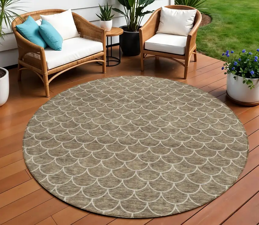 8' Brown And Beige Round Geometric Washable Indoor Outdoor Area Rug Photo 1
