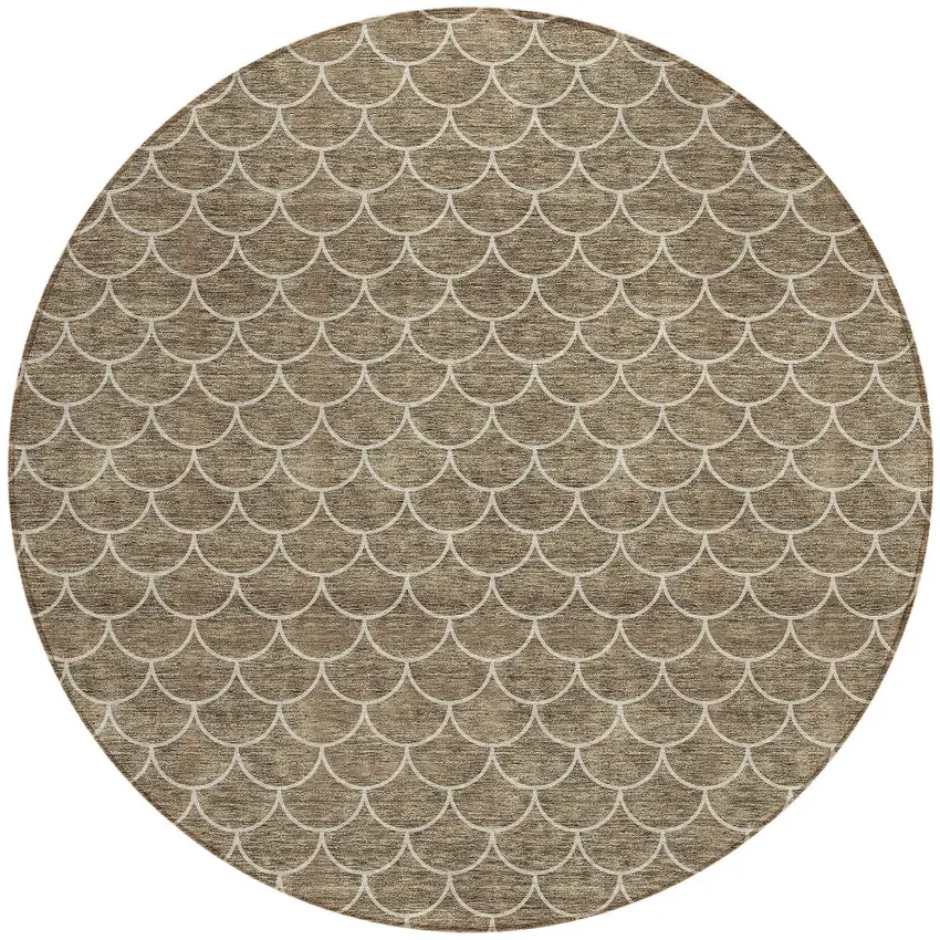 8' Brown And Beige Round Geometric Washable Indoor Outdoor Area Rug Photo 6
