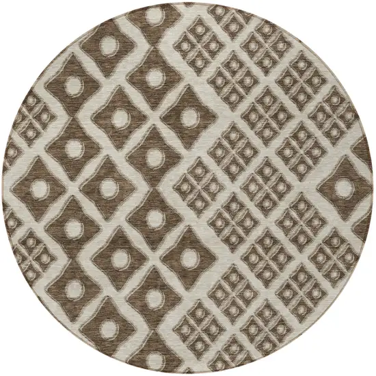 8' Brown And Beige Round Geometric Washable Indoor Outdoor Area Rug Photo 5