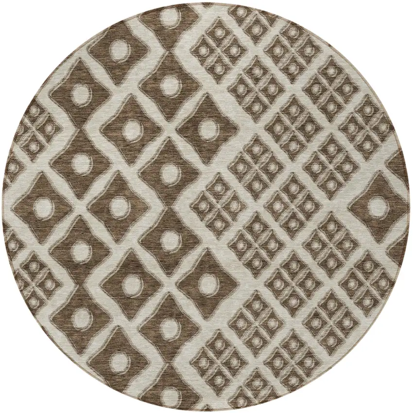 8' Brown And Beige Round Geometric Washable Indoor Outdoor Area Rug Photo 5