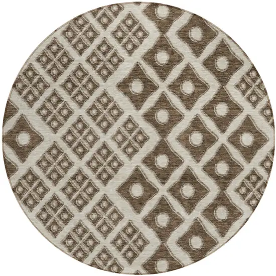 8' Brown And Beige Round Geometric Washable Indoor Outdoor Area Rug Photo 2