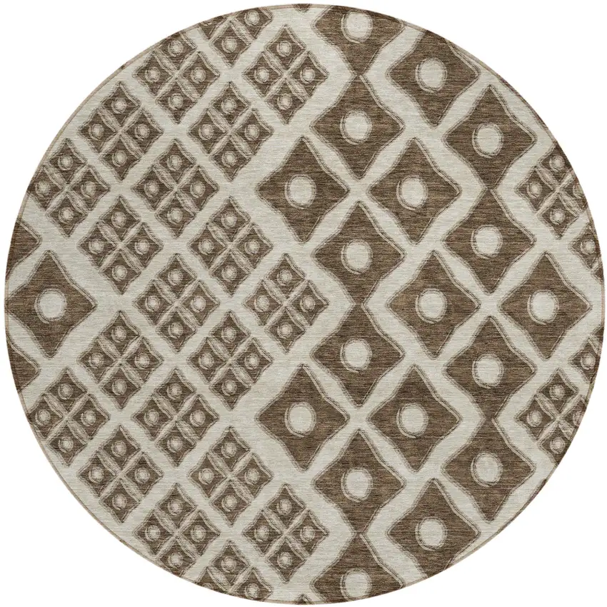8' Brown And Beige Round Geometric Washable Indoor Outdoor Area Rug Photo 2