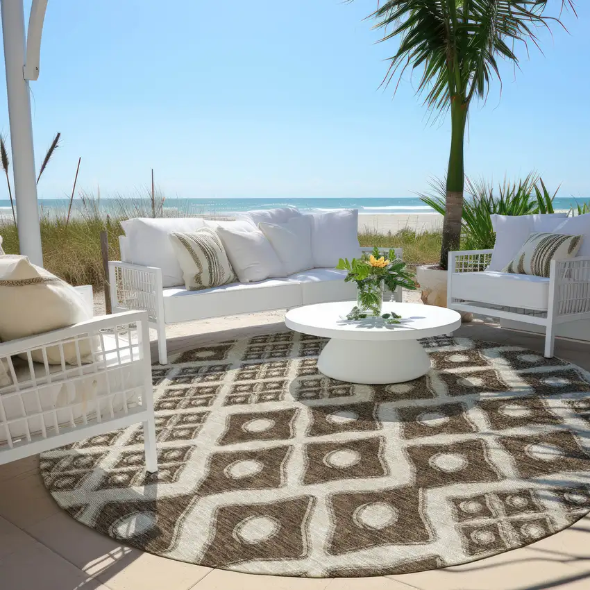 8' Brown And Beige Round Geometric Washable Indoor Outdoor Area Rug Photo 6