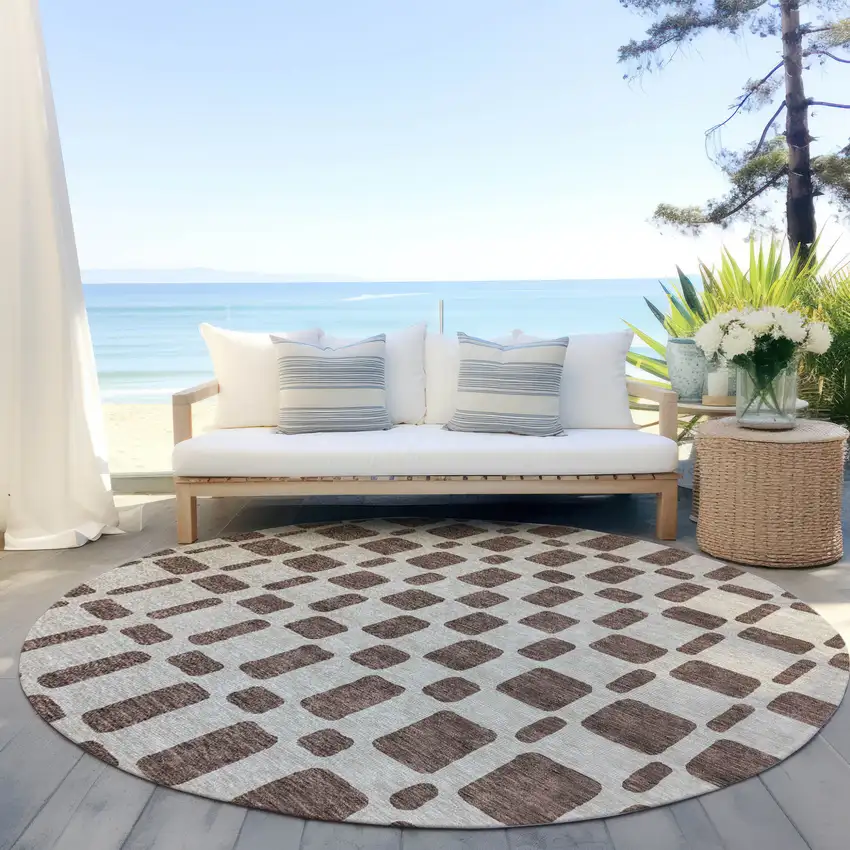 8' Brown And Beige Round Geometric Washable Indoor Outdoor Area Rug Photo 6