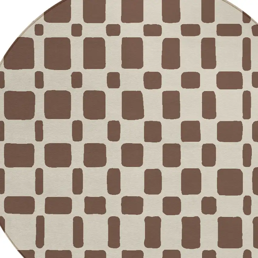 8' Brown And Beige Round Geometric Washable Indoor Outdoor Area Rug Photo 4