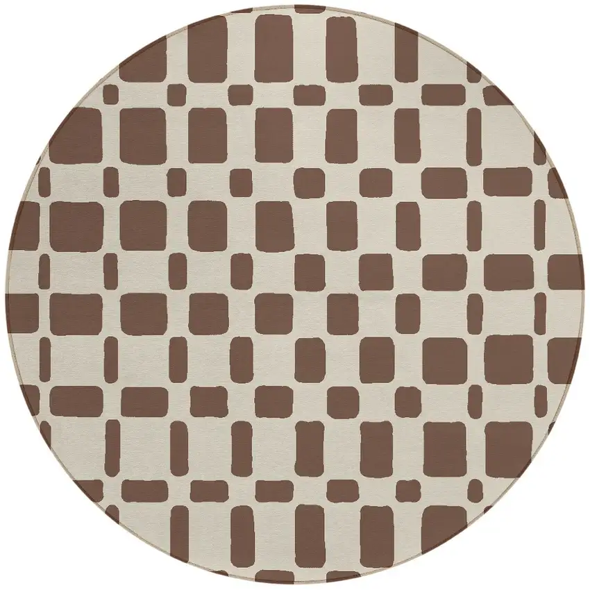 8' Brown And Beige Round Geometric Washable Indoor Outdoor Area Rug Photo 5