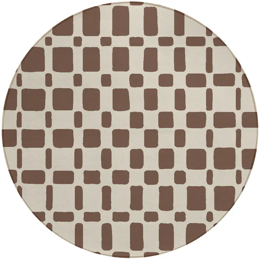 8' Brown And Beige Round Geometric Washable Indoor Outdoor Area Rug Photo 2