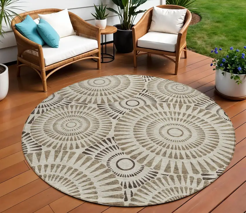 8' Brown And Beige Round Geometric Washable Indoor Outdoor Area Rug Photo 1