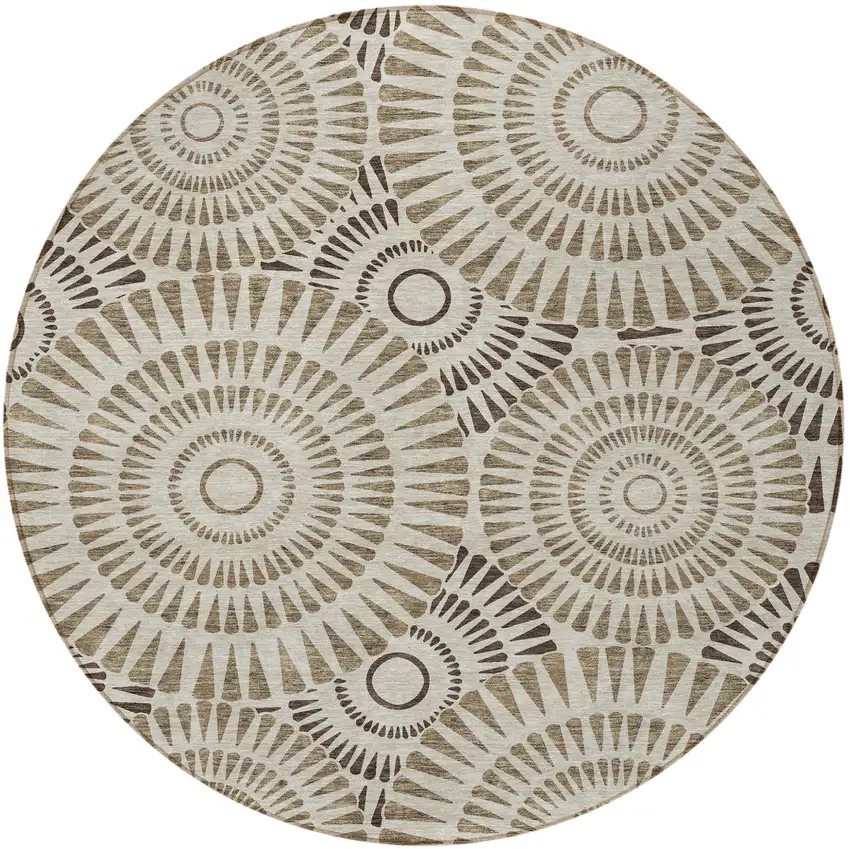 8' Brown And Beige Round Geometric Washable Indoor Outdoor Area Rug Photo 6