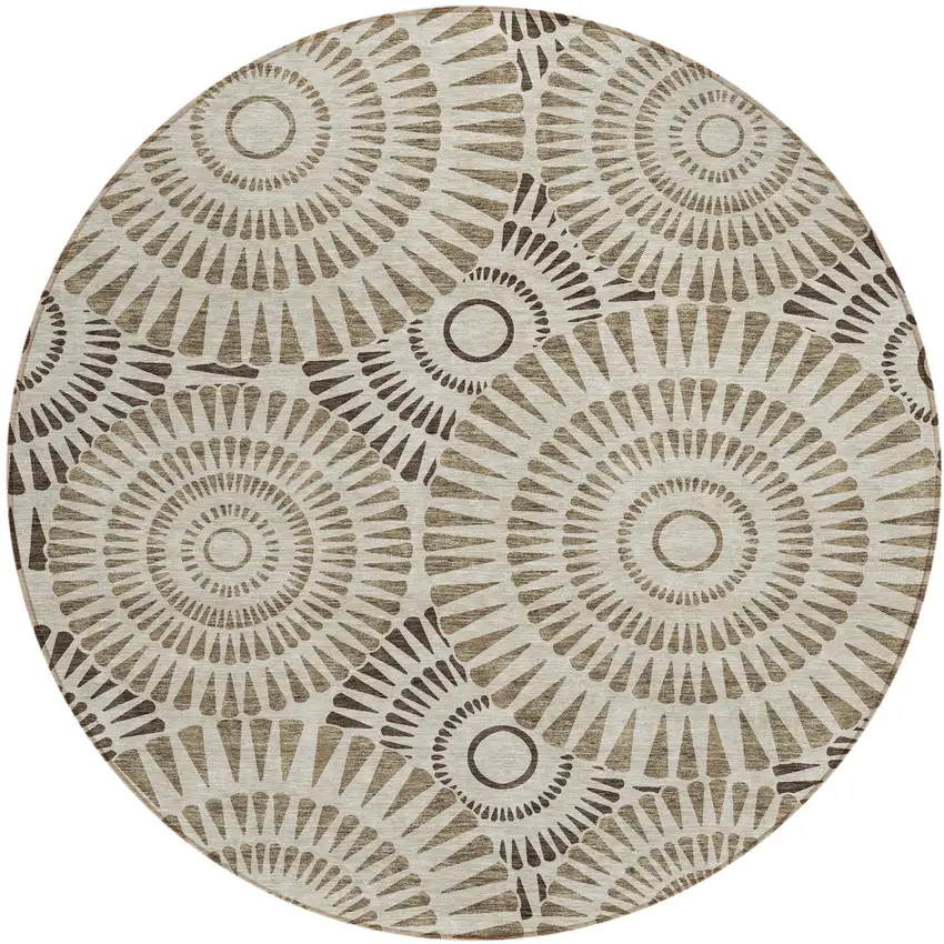 8' Brown And Beige Round Geometric Washable Indoor Outdoor Area Rug Photo 2