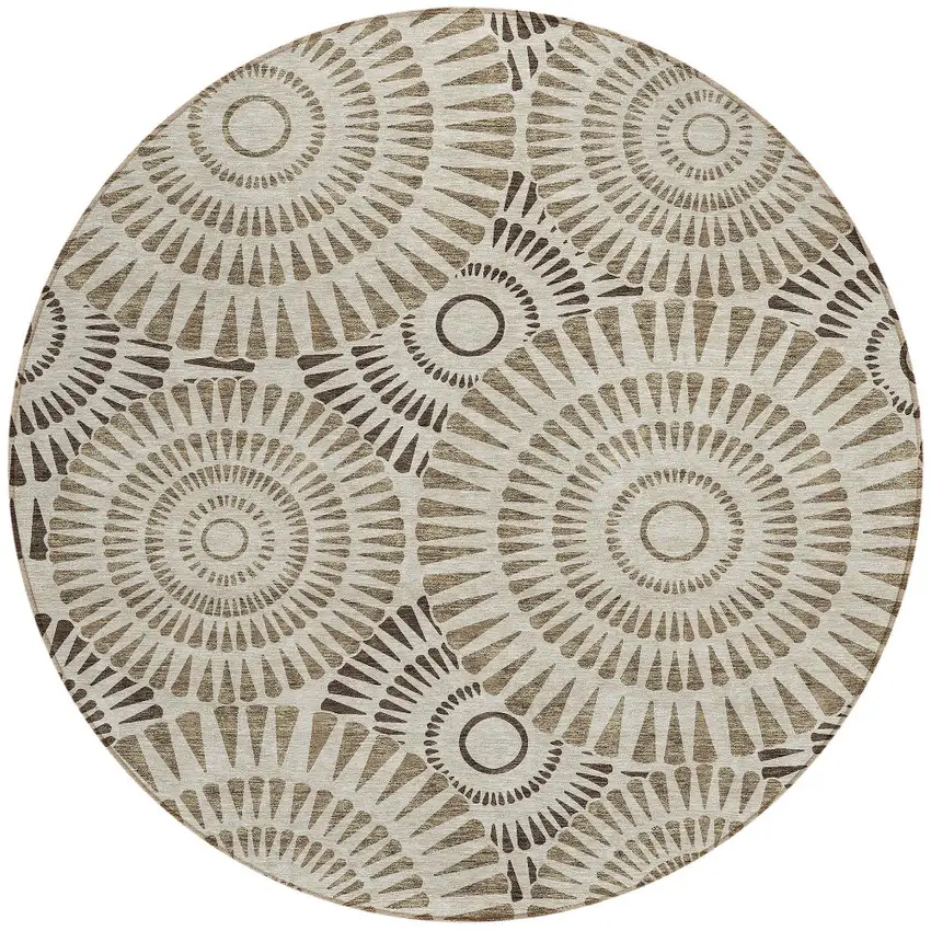 8' Brown And Beige Round Geometric Washable Indoor Outdoor Area Rug Photo 5