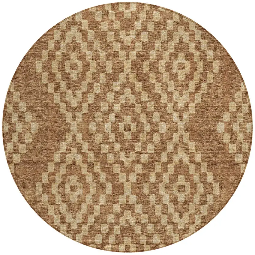 8' Brown And Beige Round Geometric Washable Indoor Outdoor Area Rug Photo 5