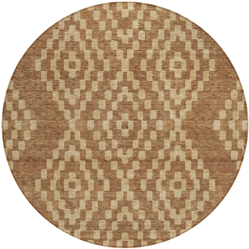 8' Brown And Beige Round Geometric Washable Indoor Outdoor Area Rug Photo 2