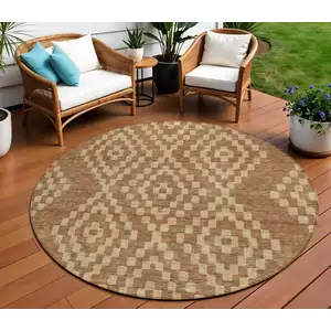Photo of 8' Brown And Beige Round Geometric Washable Indoor Outdoor Area Rug