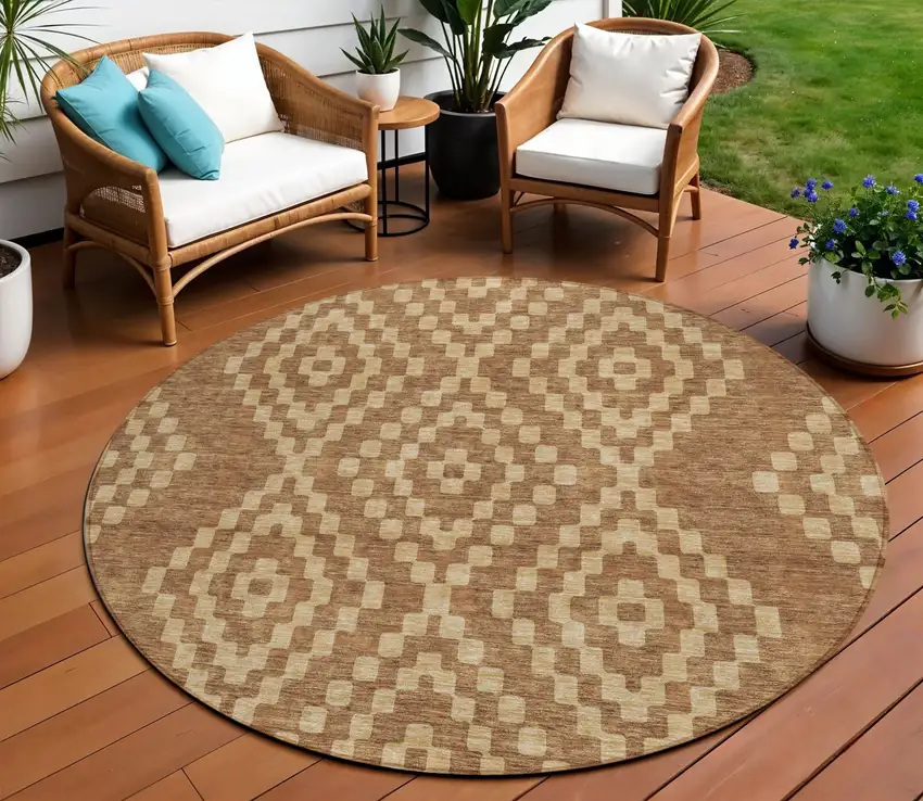 8' Brown And Beige Round Geometric Washable Indoor Outdoor Area Rug Photo 1
