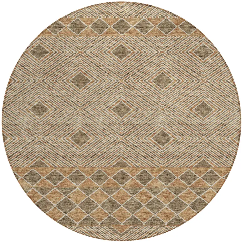 8' Brown And Beige Round Geometric Washable Indoor Outdoor Area Rug Photo 2