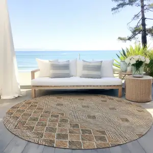 Photo of 8' Brown And Beige Round Geometric Washable Indoor Outdoor Area Rug
