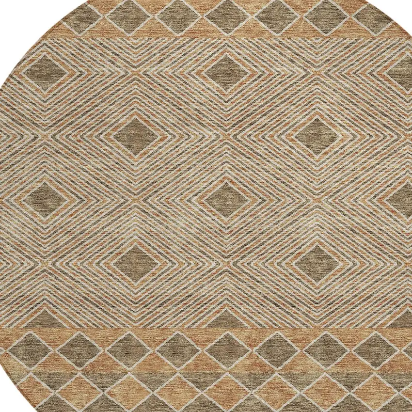 8' Brown And Beige Round Geometric Washable Indoor Outdoor Area Rug Photo 5