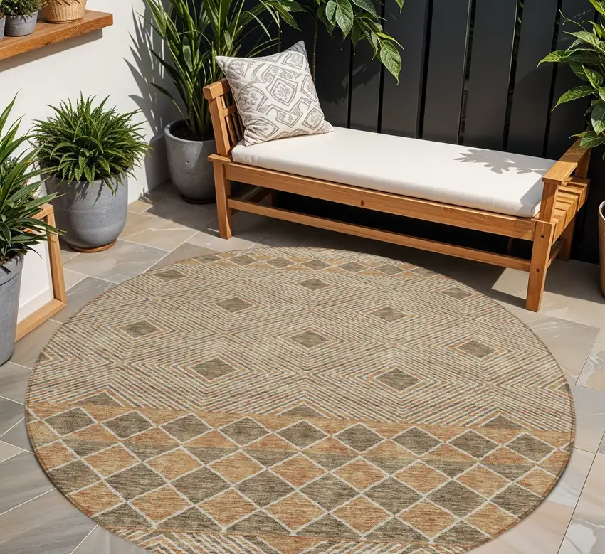8' Brown And Beige Round Geometric Washable Indoor Outdoor Area Rug Photo 1