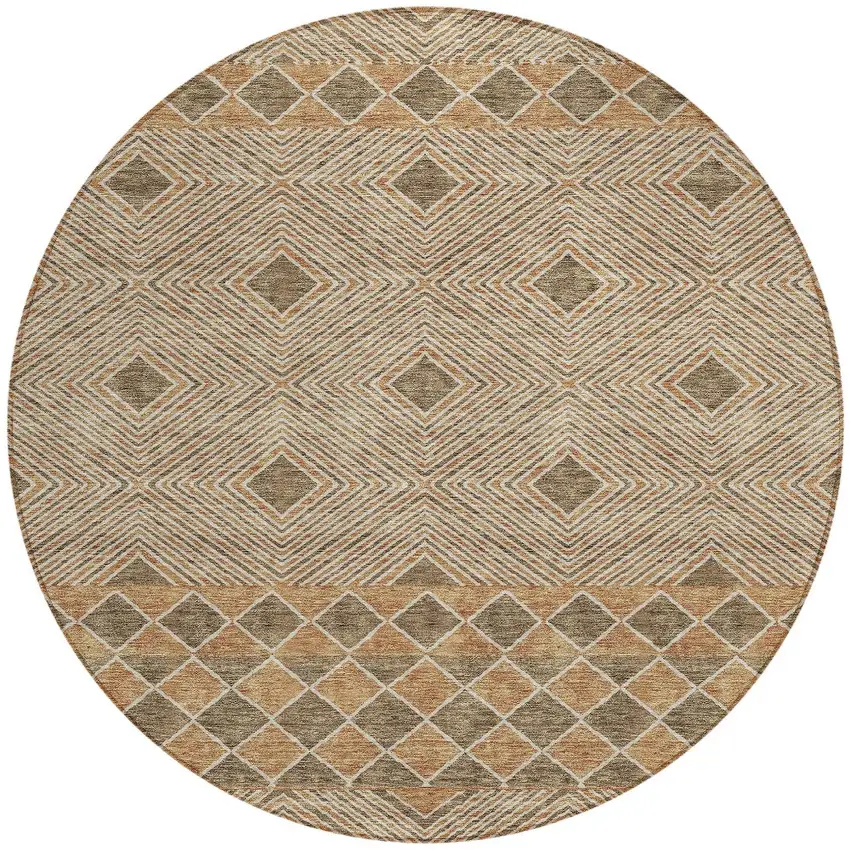 8' Brown And Beige Round Geometric Washable Indoor Outdoor Area Rug Photo 6