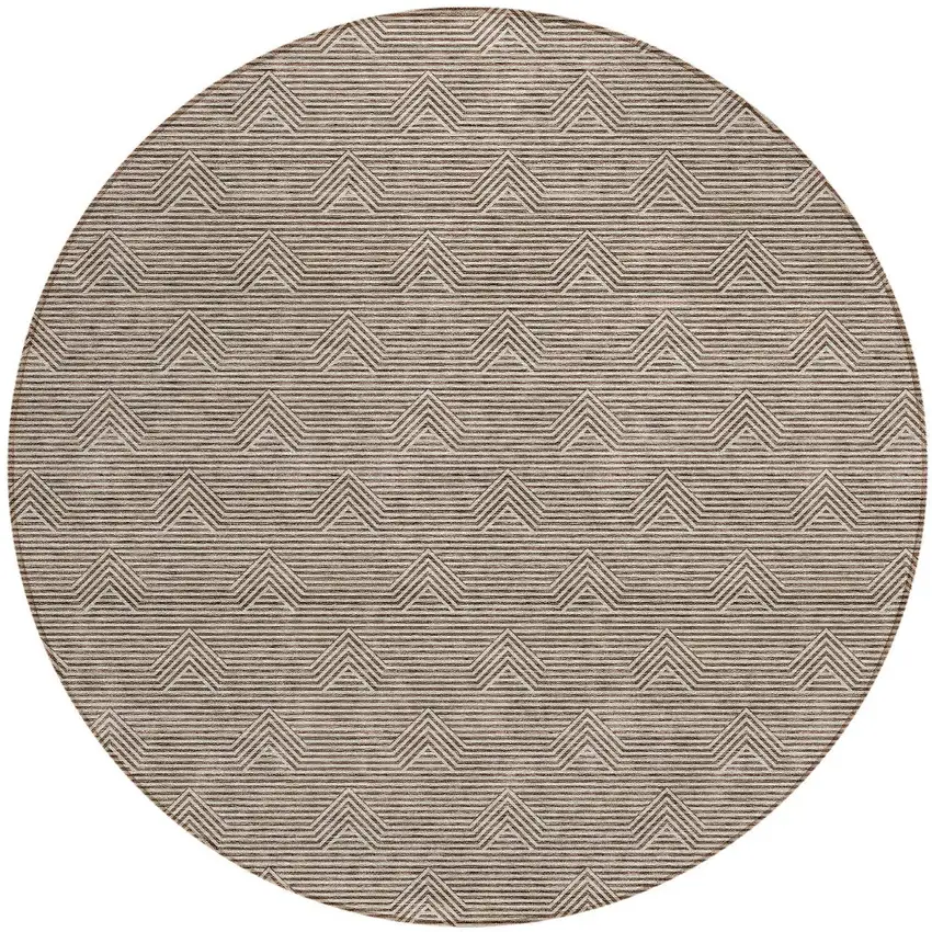 8' Brown And Beige Round Geometric Washable Indoor Outdoor Area Rug Photo 4
