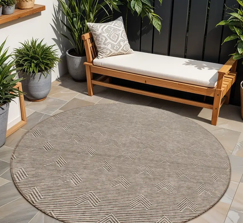 8' Brown And Beige Round Geometric Washable Indoor Outdoor Area Rug Photo 1