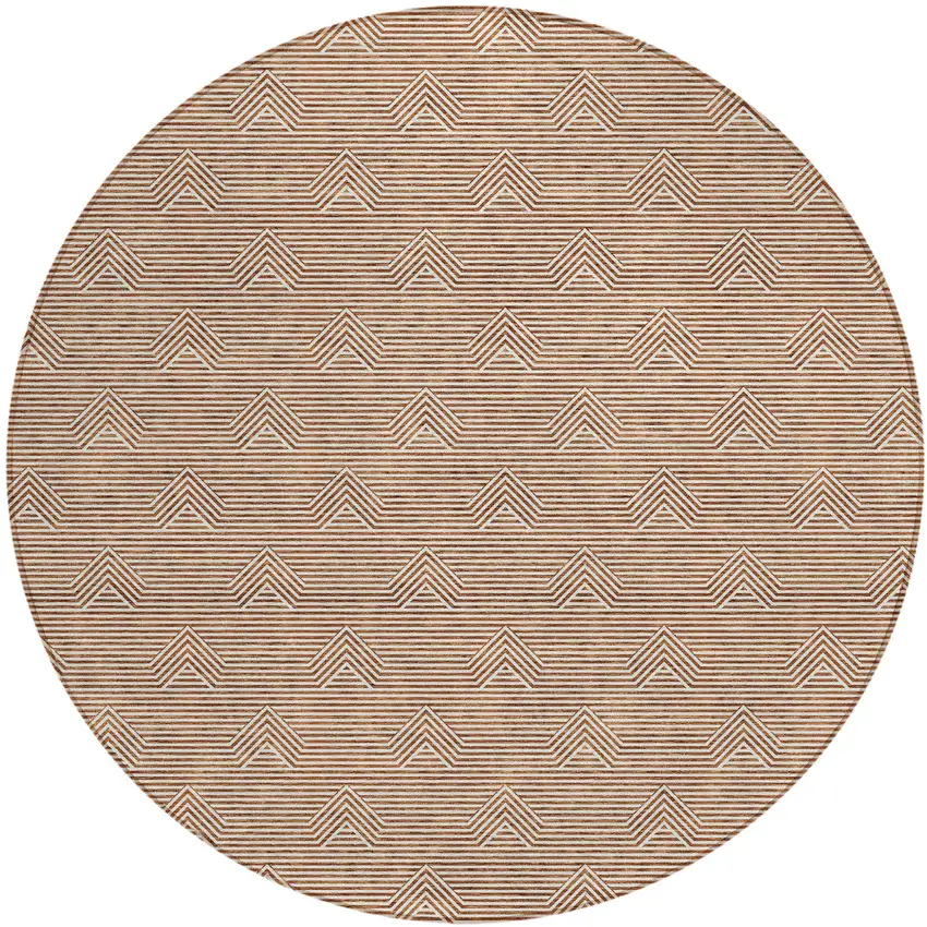 8' Brown And Beige Round Geometric Washable Indoor Outdoor Area Rug Photo 2