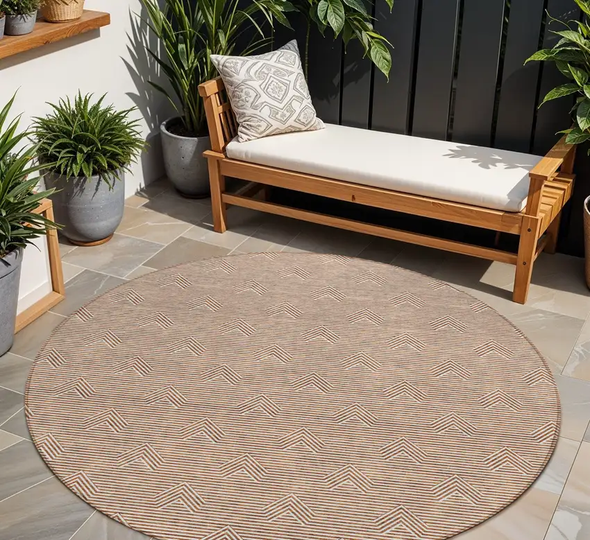 8' Brown And Beige Round Geometric Washable Indoor Outdoor Area Rug Photo 1