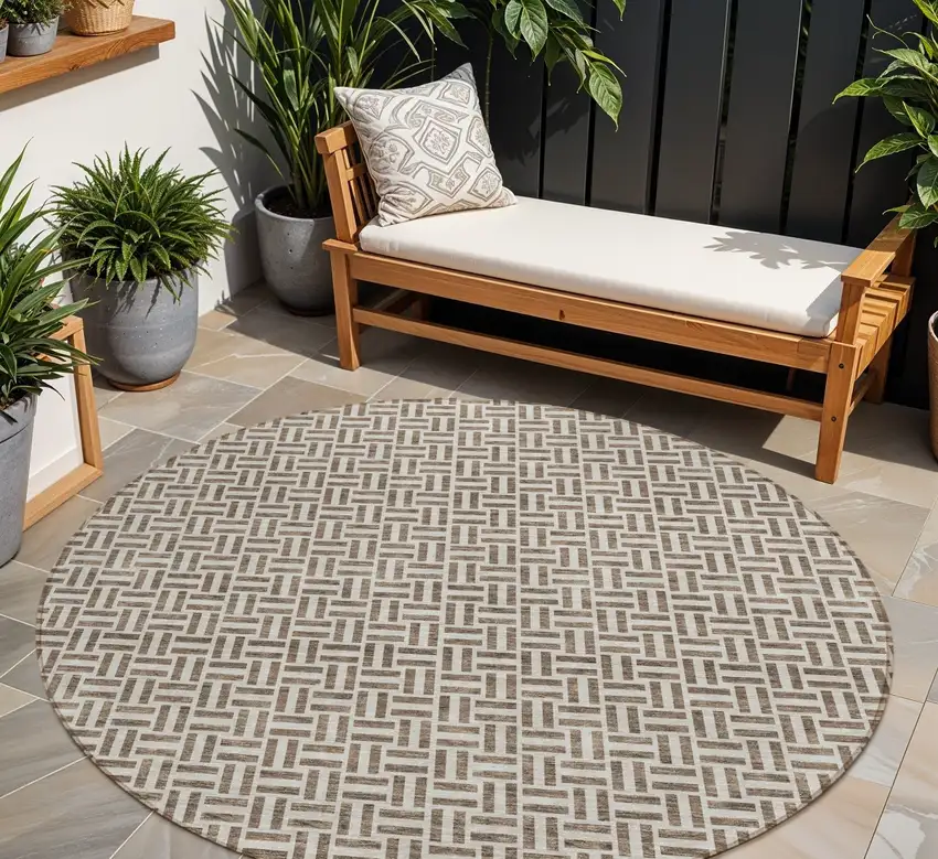 8' Brown And Beige Round Geometric Washable Indoor Outdoor Area Rug Photo 1