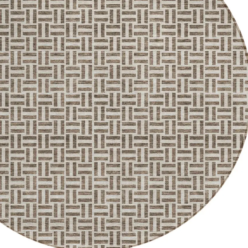 8' Brown And Beige Round Geometric Washable Indoor Outdoor Area Rug Photo 5
