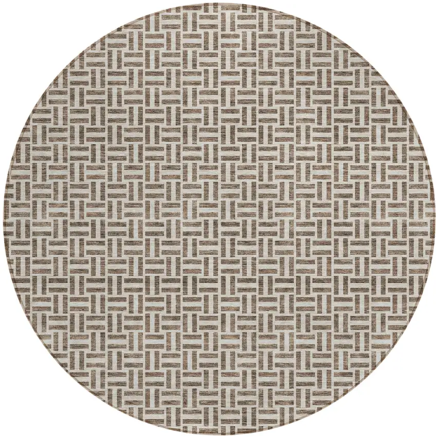 8' Brown And Beige Round Geometric Washable Indoor Outdoor Area Rug Photo 2
