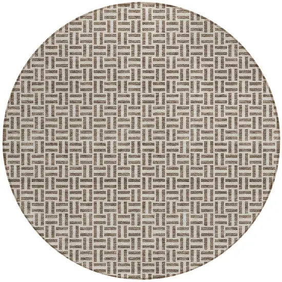8' Brown And Beige Round Geometric Washable Indoor Outdoor Area Rug Photo 6