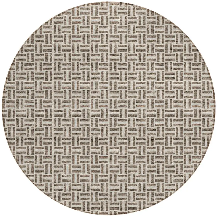 8' Brown And Beige Round Geometric Washable Indoor Outdoor Area Rug Photo 6