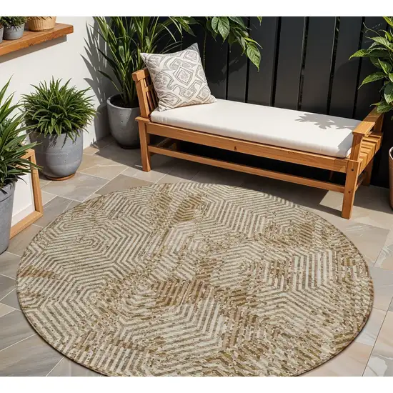 8' Brown And Beige Round Geometric Washable Indoor Outdoor Area Rug Photo 1