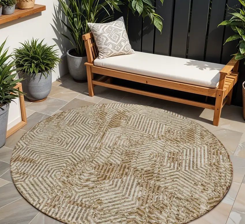 8' Brown And Beige Round Geometric Washable Indoor Outdoor Area Rug Photo 1